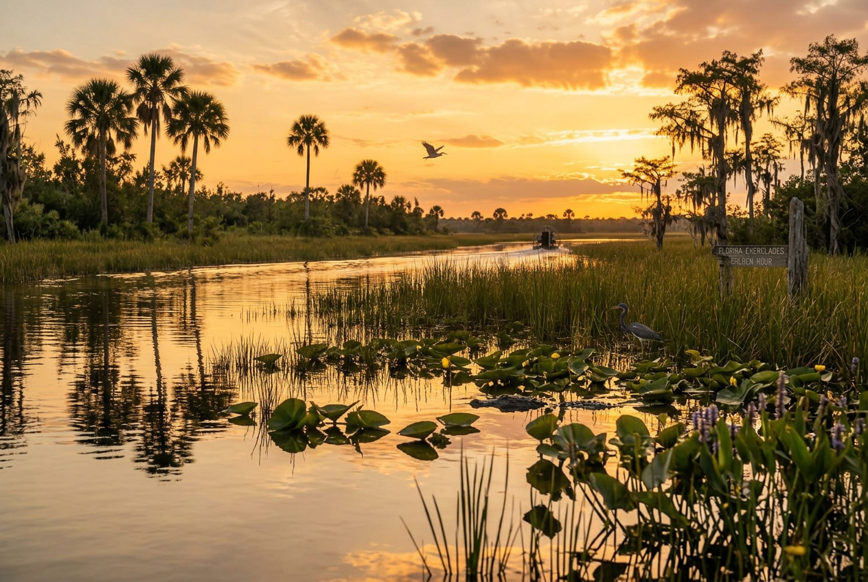 Florida Everglades wetlands, cypress, wildlife, and distant airboat at golden hour