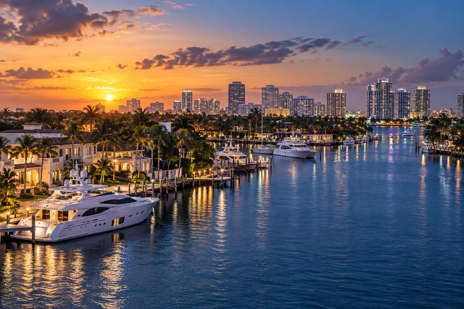 Fort Lauderdale marina, Intracoastal Waterway, yachts, and palm-lined waterfront