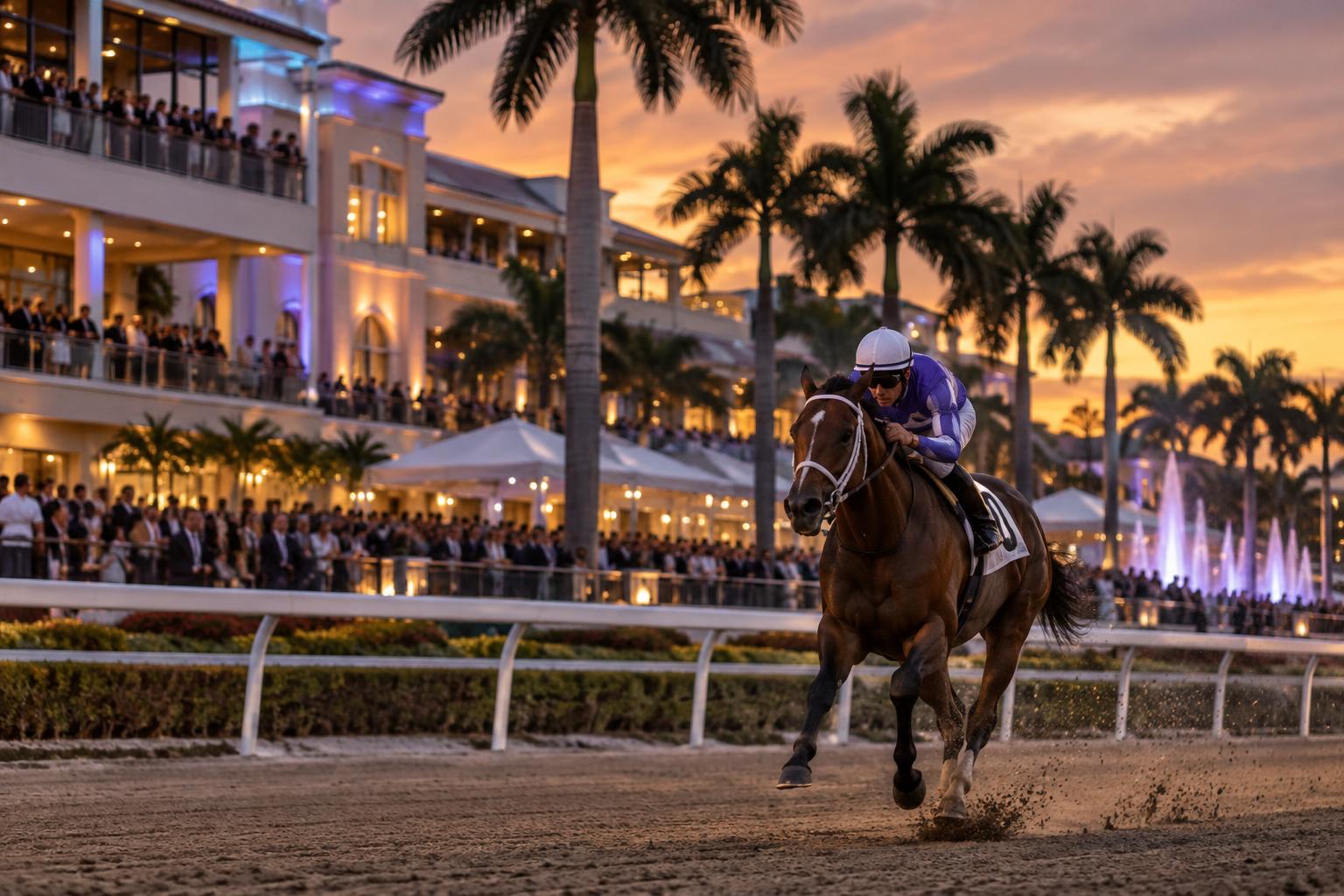 Thoroughbred horse racing in an elegant palm-lined Gulfstream Park setting