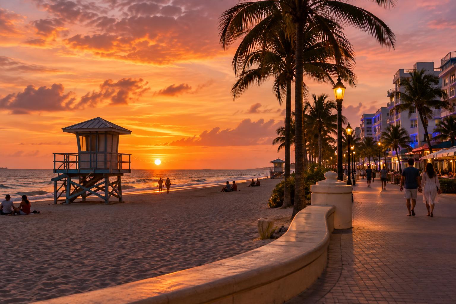 Hollywood Beach shoreline, palm-lined Broadwalk, and lifeguard tower at sunset