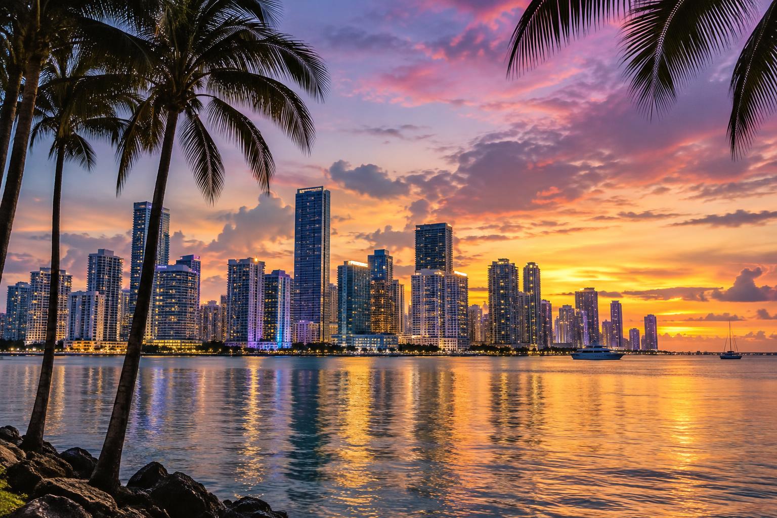 Brickell and Downtown Miami skyline across Biscayne Bay at blue hour