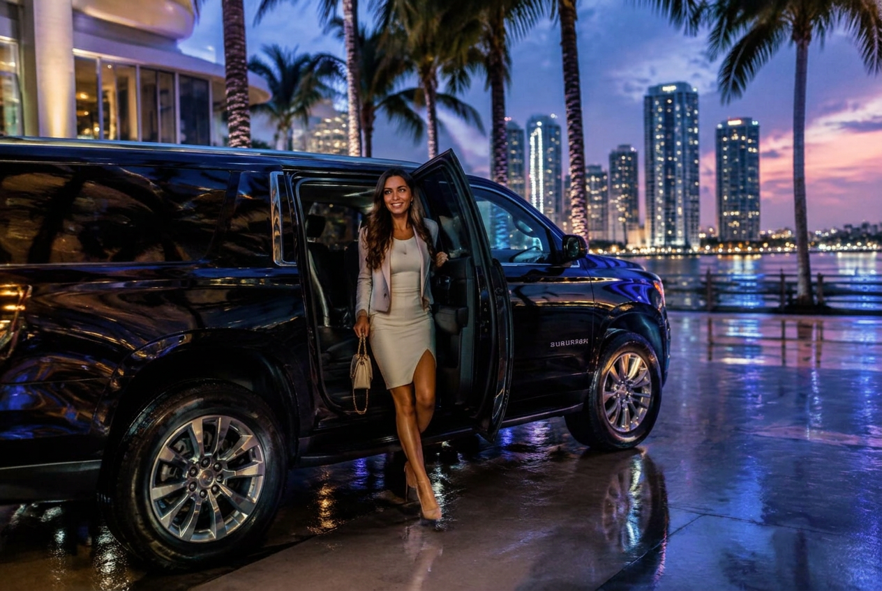 Happy traveler stepping out of a black Chevrolet Suburban at a Miami waterfront hotel illuminated by blue evening light