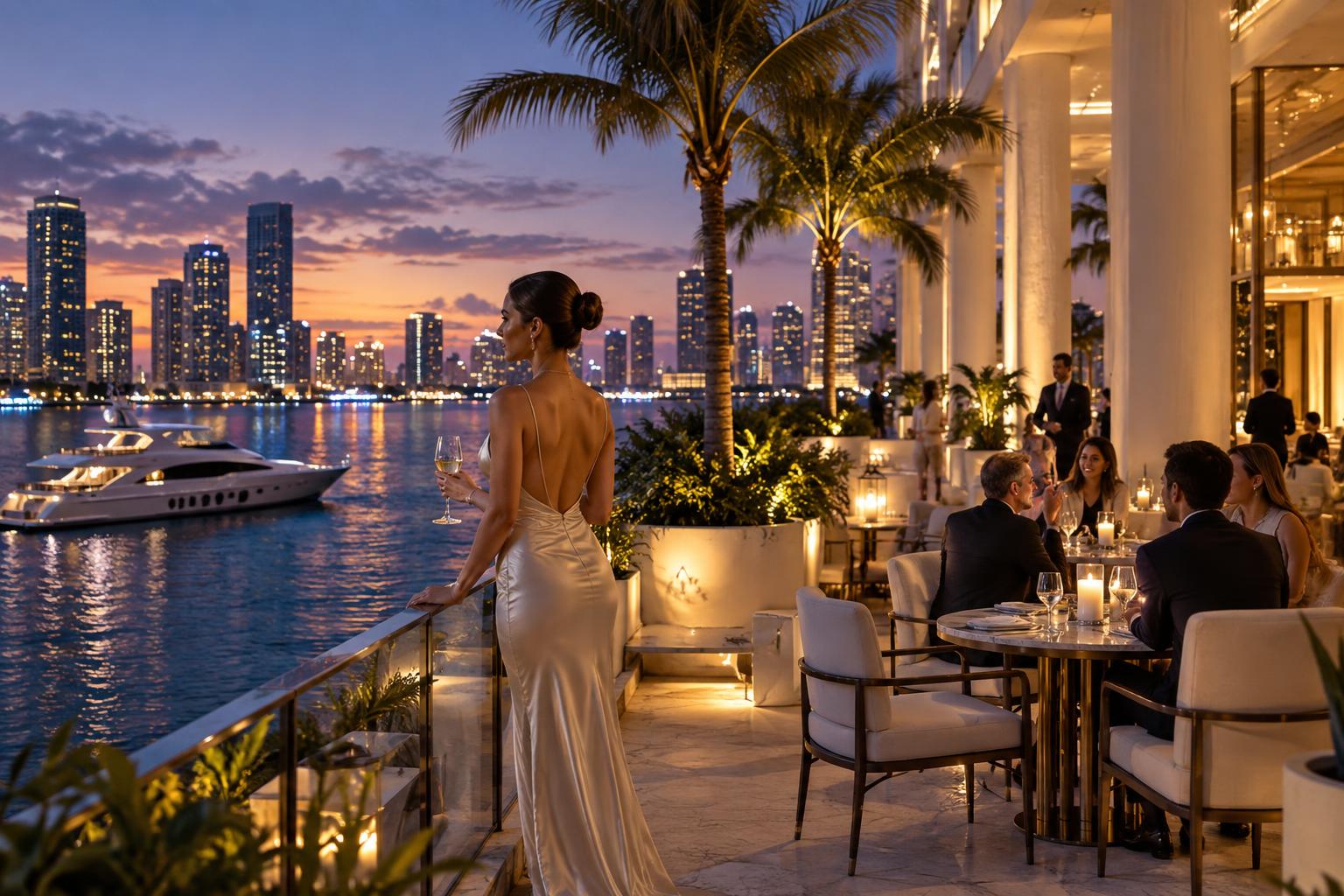 Traveler welcomed at a luxury Miami waterfront hotel and dining terrace