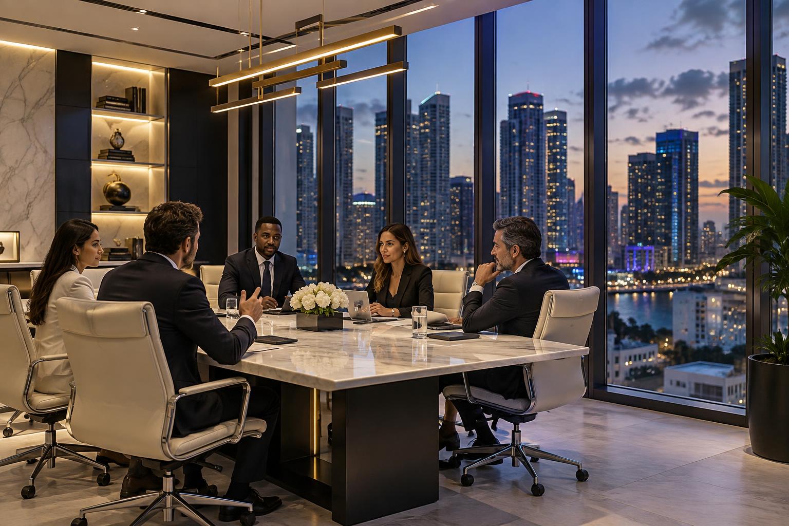 Executive team meeting above the Miami skyline at sunset