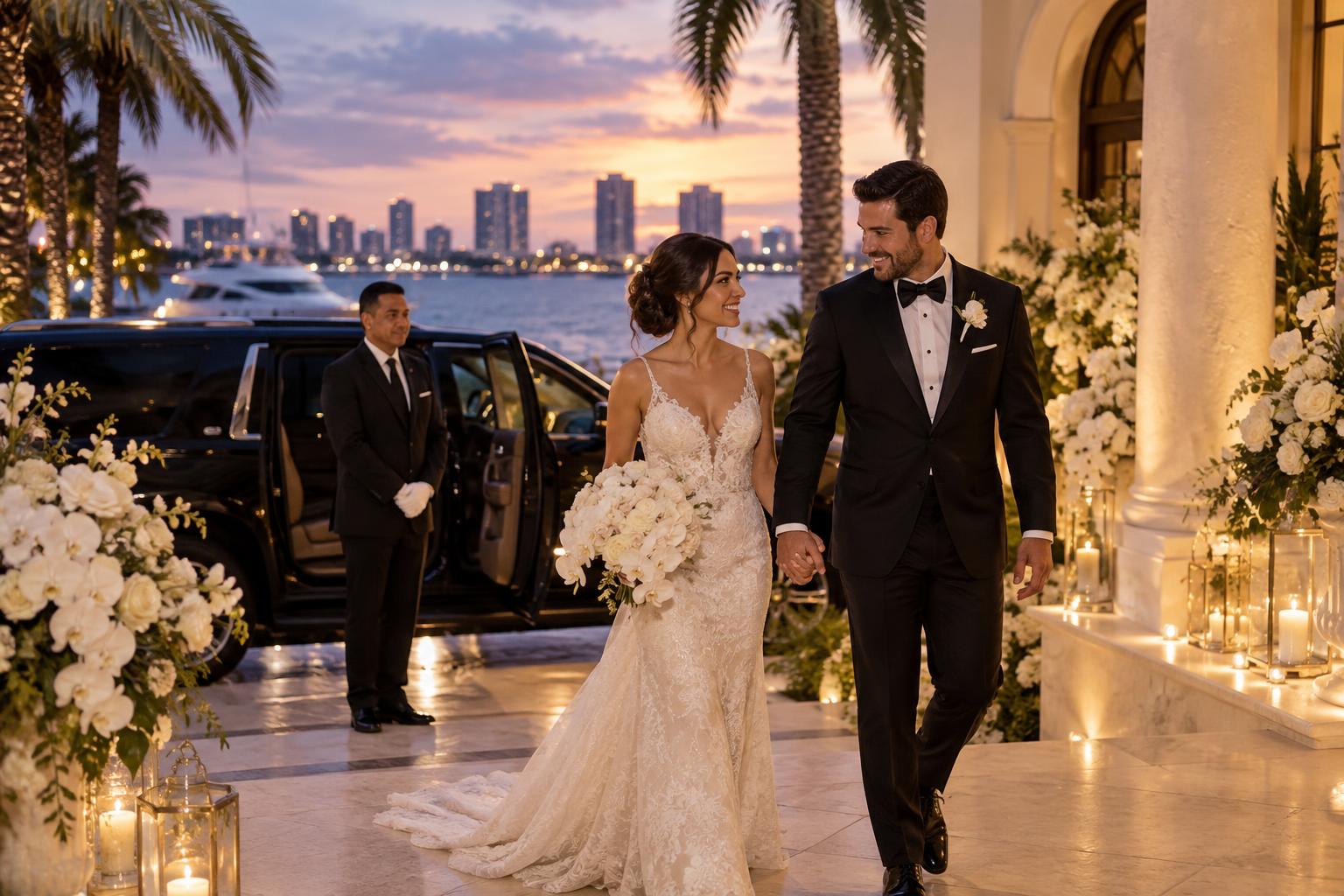 Newlywed couple arriving at an elegant South Florida waterfront venue