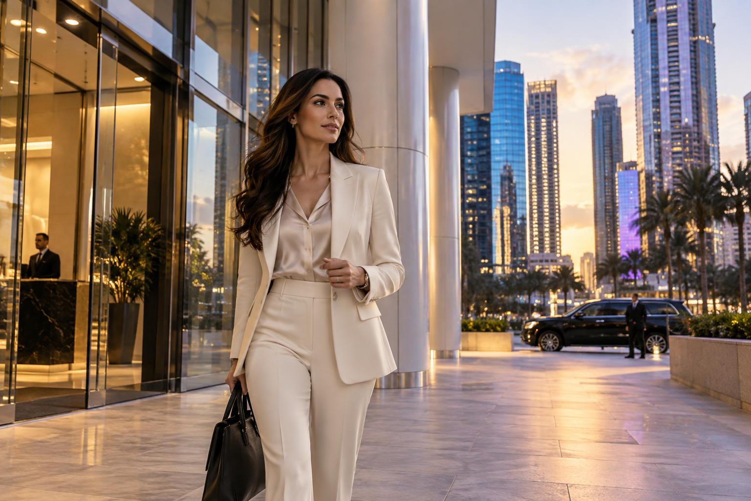 Business executive arriving at a modern Brickell office tower at blue hour